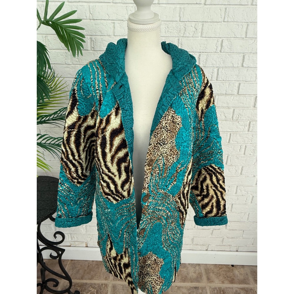 ABC Collection Cardigan Coat Womens M-L Teal Animal Print Excellent Popcorn Coat